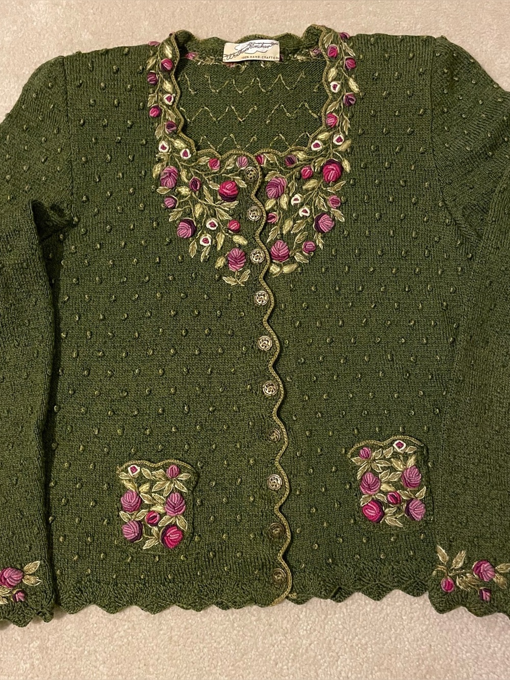 Pristine Vintage Wolkenstricker Moss Green Floral
Hand-Knit Cardigan Sweater